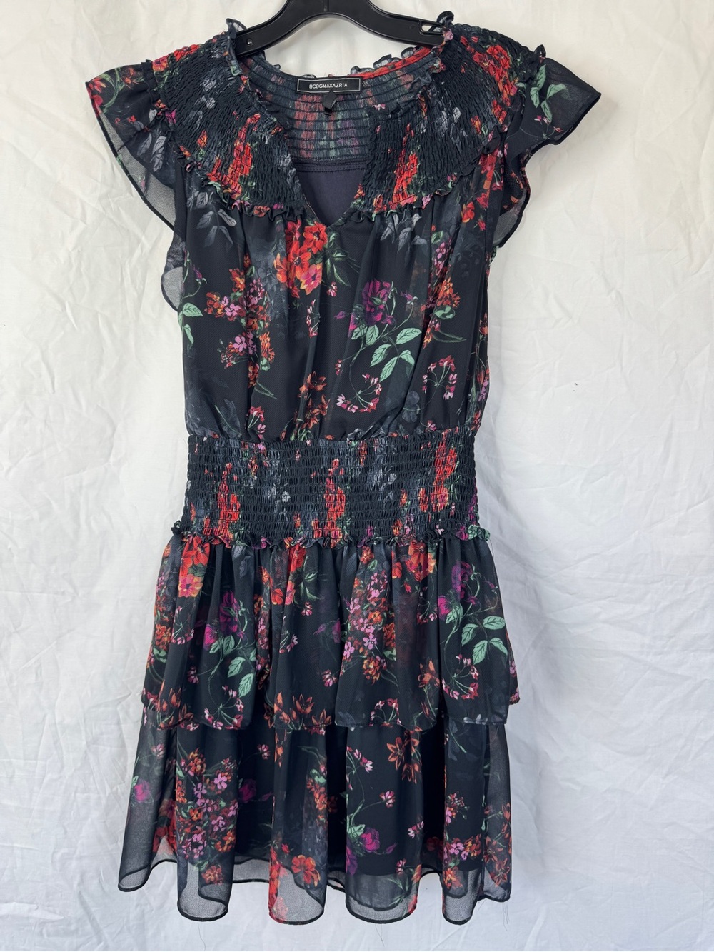 BCBG Smocked Waist Black Floral Tiered Dress